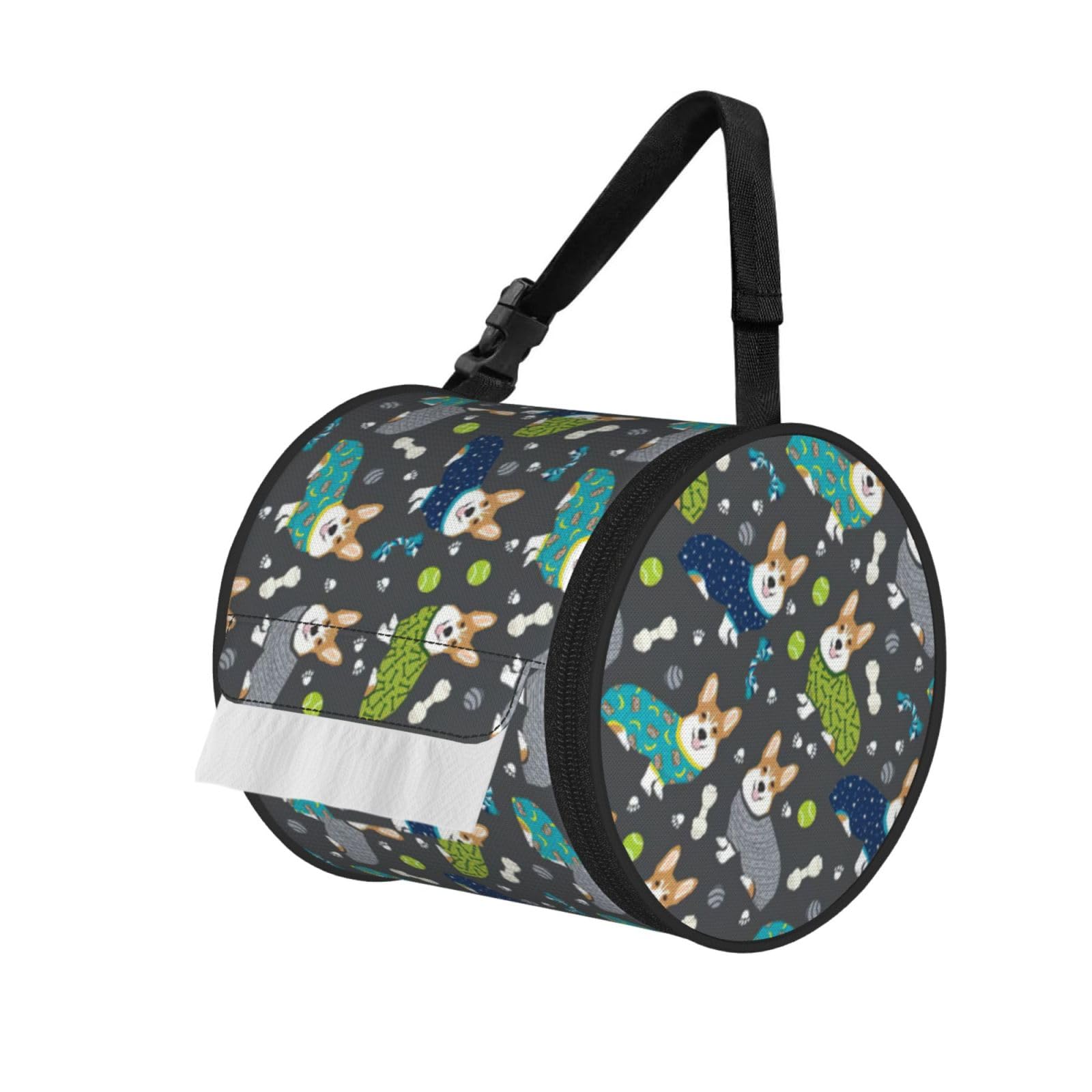 Wearing Clothes Corgi Dogs Printed Roll Paper Carrier Bag, Foldable Oxford Cloth Tissue Case for Camping Hiking Backpack