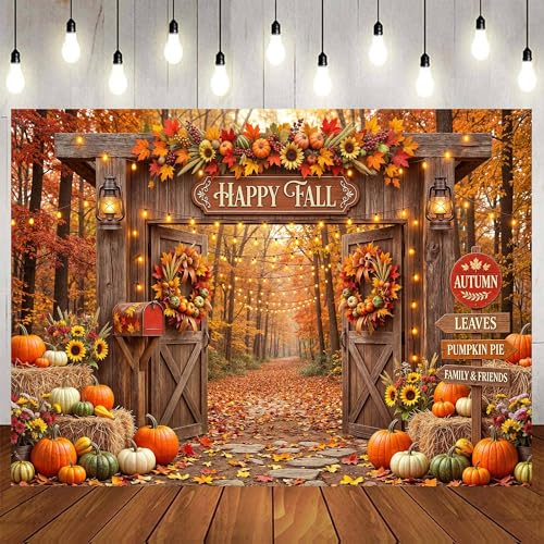 7 x 5 ft Fall Photography Backdrop Autumn Forest Maple Leaves Pumpkin Harvest Farm Backdrop Friendsgiving Scarecrow Party Decorations for Thanksgiving Party Birthday Family Holiday Decor Photo Props
