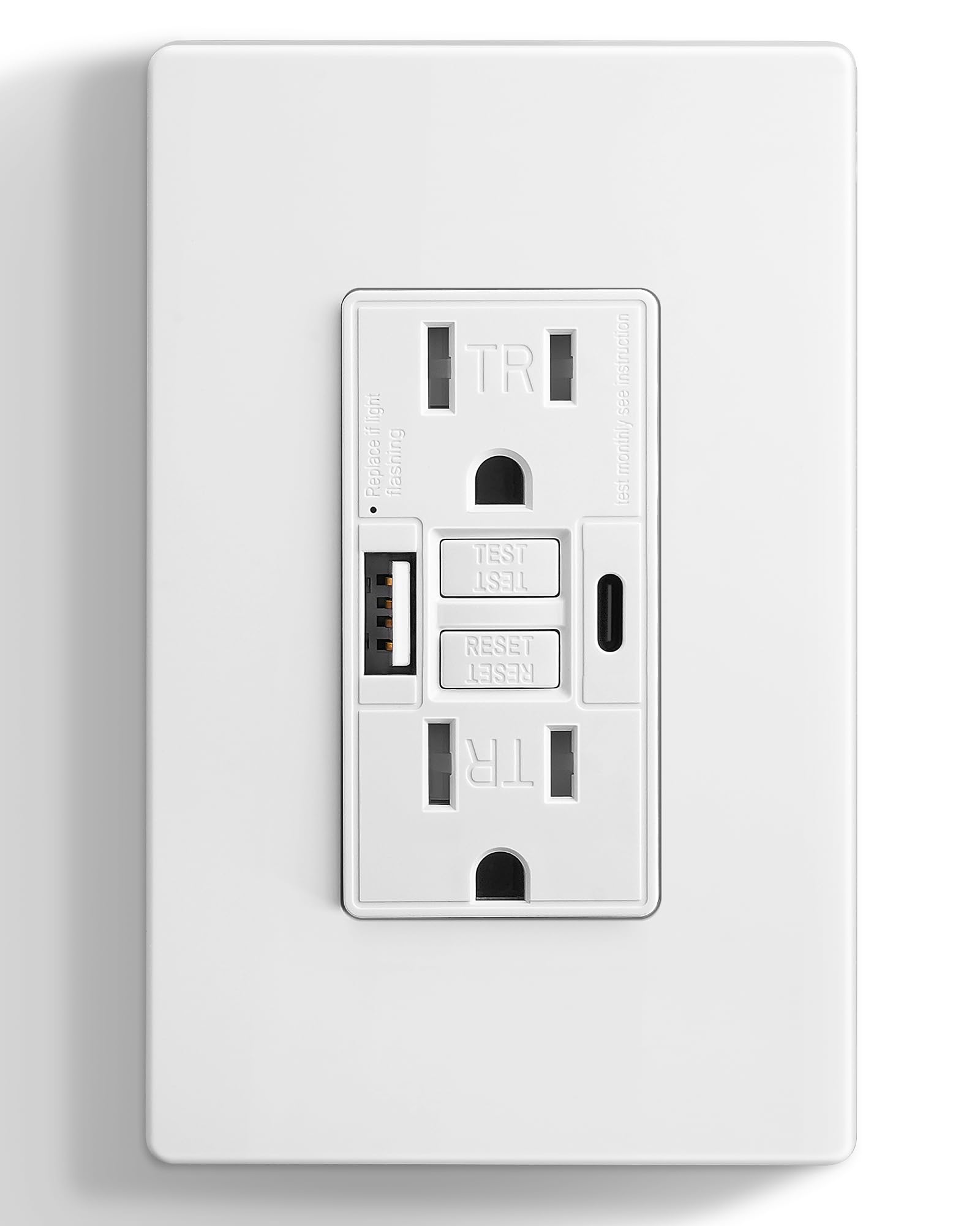 SURAIELEC 15 Amp GFCI Outlet with USB-C & USB-A Ports, GFCI Combo USB Outlet, 5V/4.8A Total Output, Tamper-Resistant Receptacle with USB Ports, Screwless Wall Plate, ETL Listed, White, 1-Pack