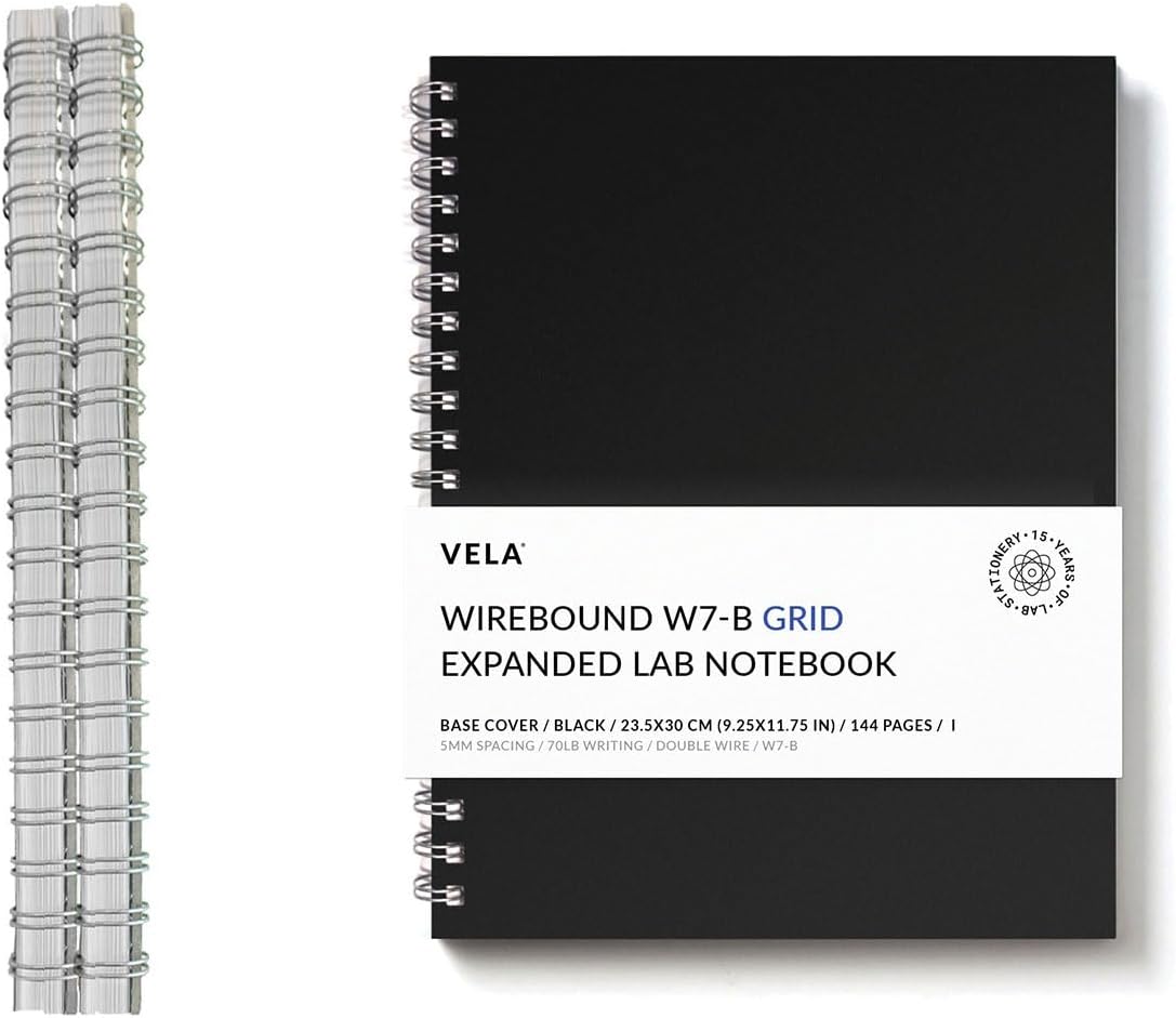 Vela Sciences W7-B Expanded Wirebound Lab Notebook, 9.25 x 11.75 in (23.5 x 30 cm), 144 Pages, Double Wire Looped, 70lb Heavyweight Paper (2-Pack, Grid)