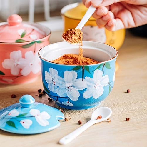 Miniatura 2 de FUYU Pintado a mano flor de cerámica condimento olla condimento tarro azucarero con tapa y cuchara