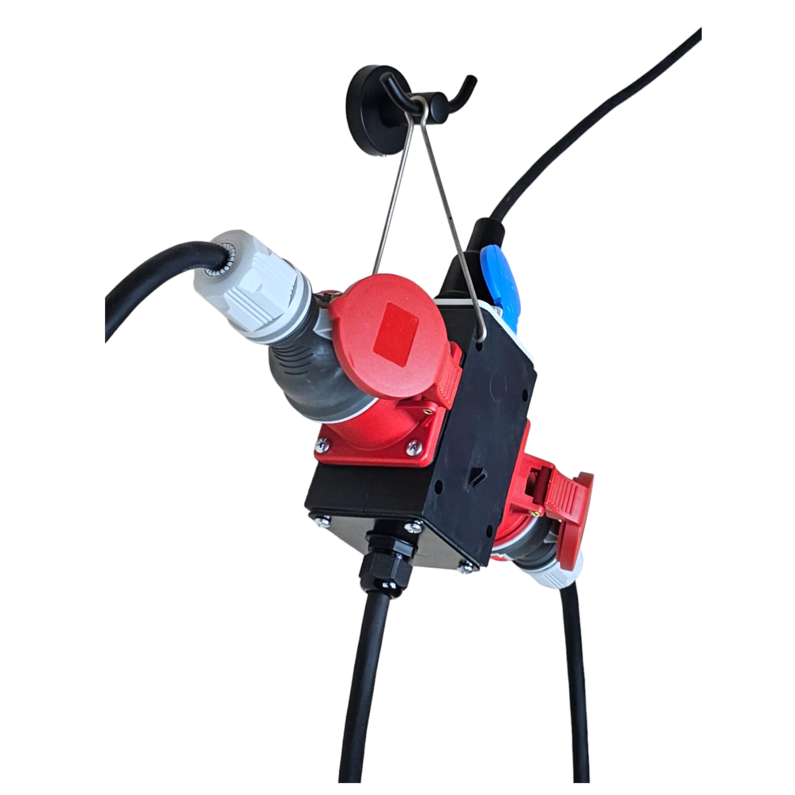 RoadEu - Distribuidor de Corriente con Salidas CEE y Schuko - Adaptador Industrial 380V y 230V 16A - Distribuidor móvil, Cable de Goma de 5m. Ideal para Taller, Cobertizo y Fábricas