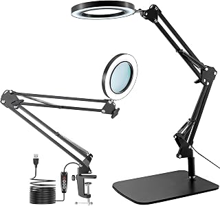 15X Magnifying Glass with Light, LED Desk Lamp with Base and Clamp, 3 Color Modes, 10 Brightness, 72 LEDs, 4.2" Diameter Real Glass Lens LED Magnifying Glasses for Reading Work Repair