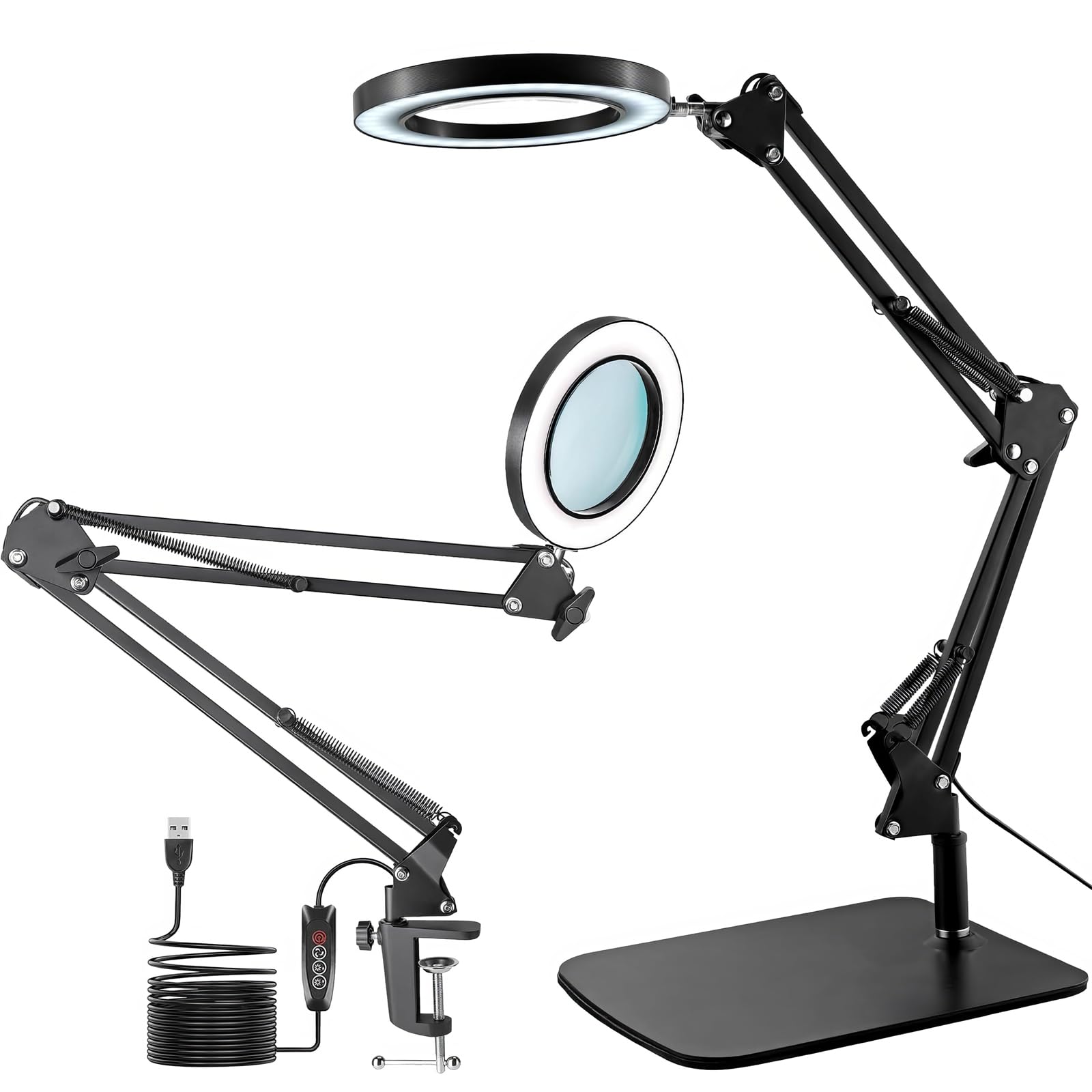 Viiwuu 15X Magnifying Glass with Light, LED Desk Lamp with Base and Clamp, 3 Color Modes, 10 Brightness, 72 LEDs