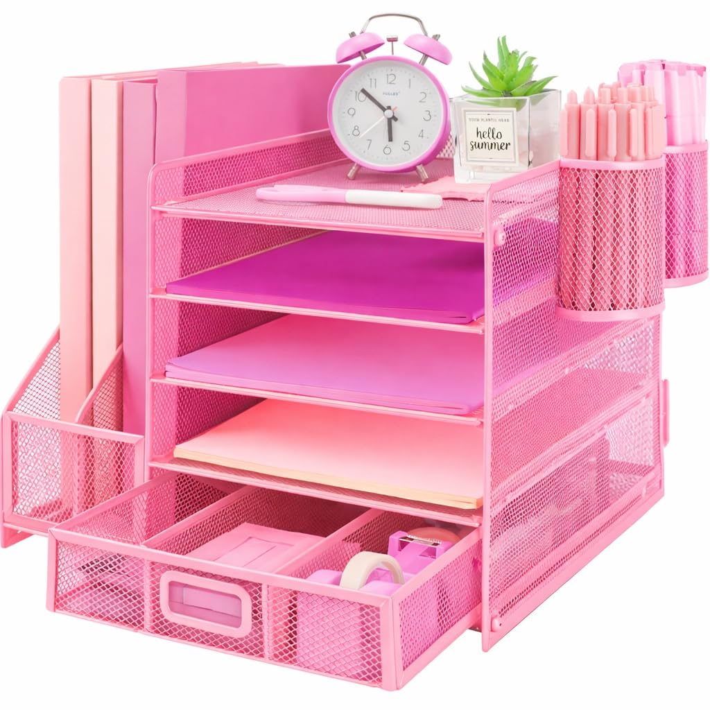 ideallife Desk Organizers and Accessories with File Holder, 5-Tier Paper Letter Tray Organiser with Drawer and 2 Pen Holder, Mesh Desktop Document Organizer for Office Supplies, Workspace - Pink