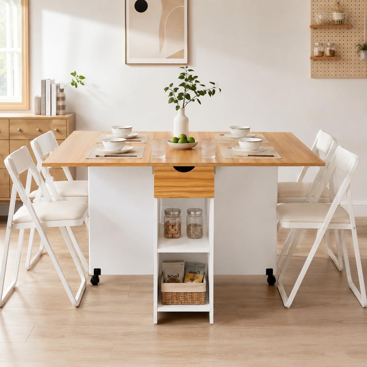 Mondeer Tavolo da pranzo, tavolo da cucina pieghevole per 4-6 persone, tavolo pieghevole con cassetto e 2 ripiani aperti per piccoli spazi, sala da pranzo, cucina, 120 x 72 x 75 cm, bianco+rovere