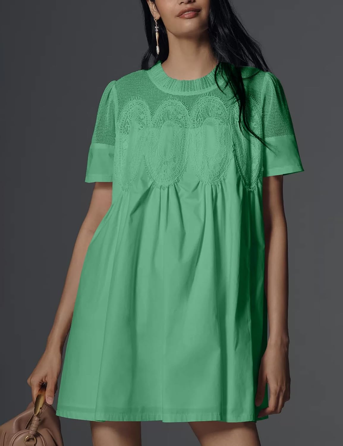 Shiyifa Womens Babydoll Lace Patchwork Dresses Summer Short Sleeve Ruffle Sundress Loose Crew Neck A-Line Dresses - Image 3