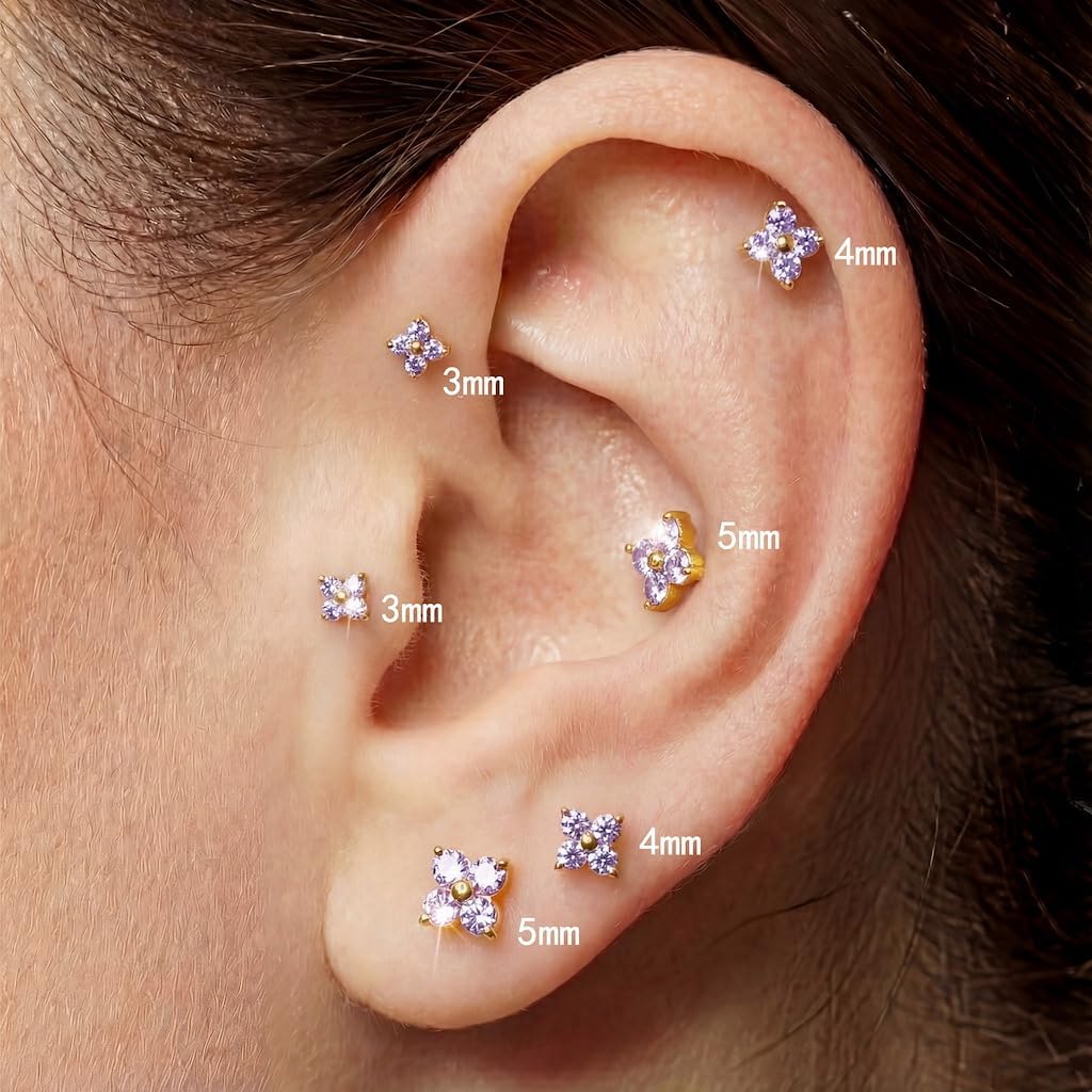 FANSING Birthstone Flower Earring Cubic Zirconia Flat Back Earrings for Women Small Stud Earrings for Cartilage Helix - Image 3