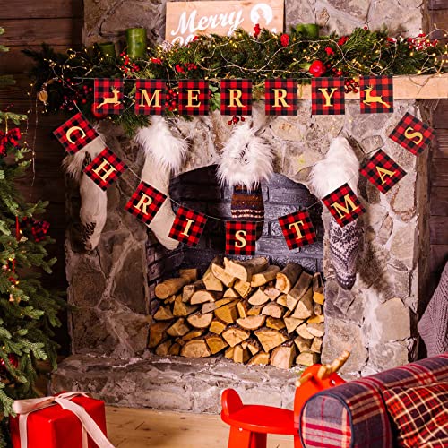 hogardeck Frohe Weihnachten Banner, Sackleinen rustikale Weihnachtsdekorationen Banner rot und schwarz kariert Cover
