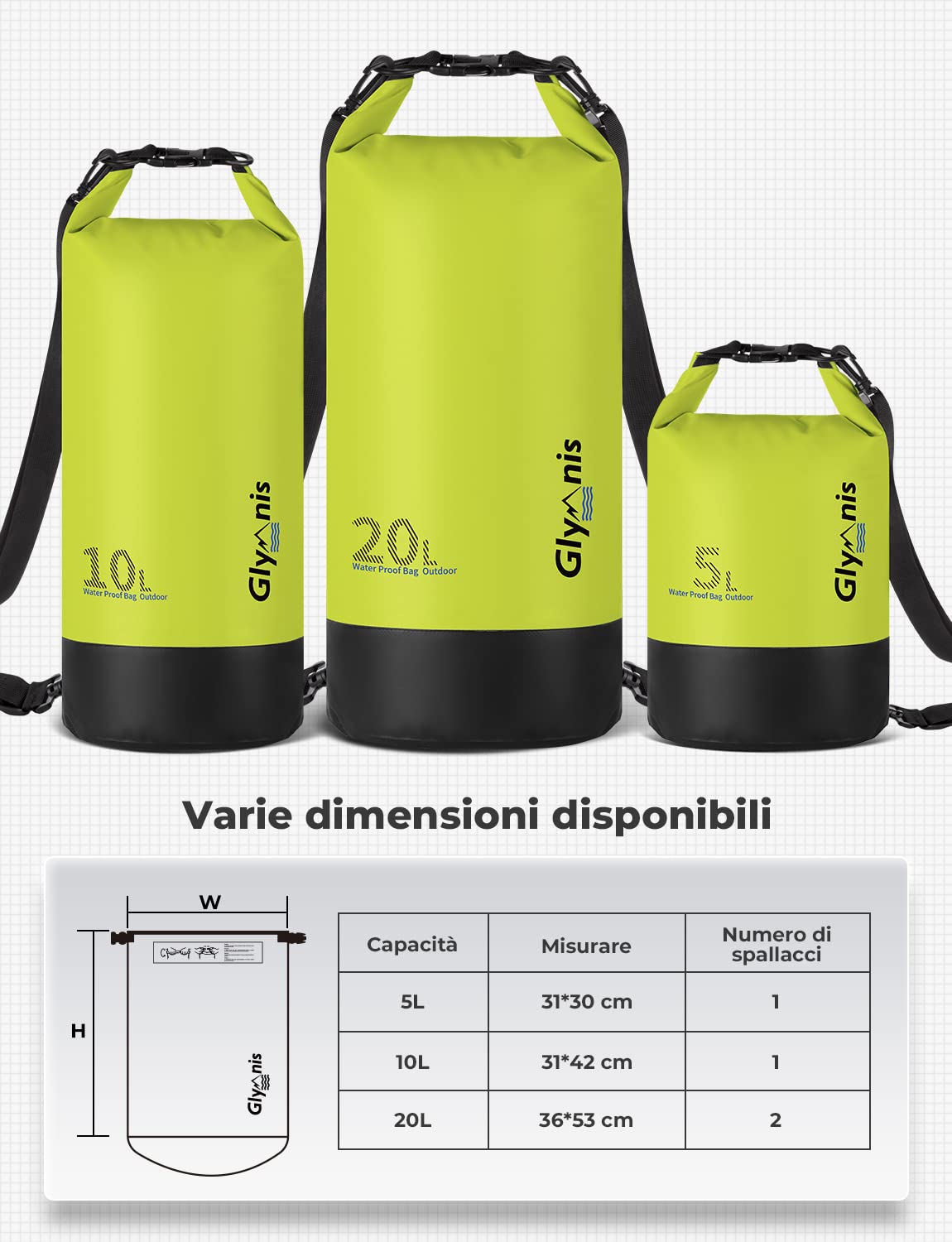 Glymnis Borsa Impermeabile 5L 10L 20L Dry Bag Sacco Impermeabile con Tracolla Regolabile, Include Custodia Impermeabile per Cellulare, Ideale per Barca, Pesca, Rafting, Nuoto
