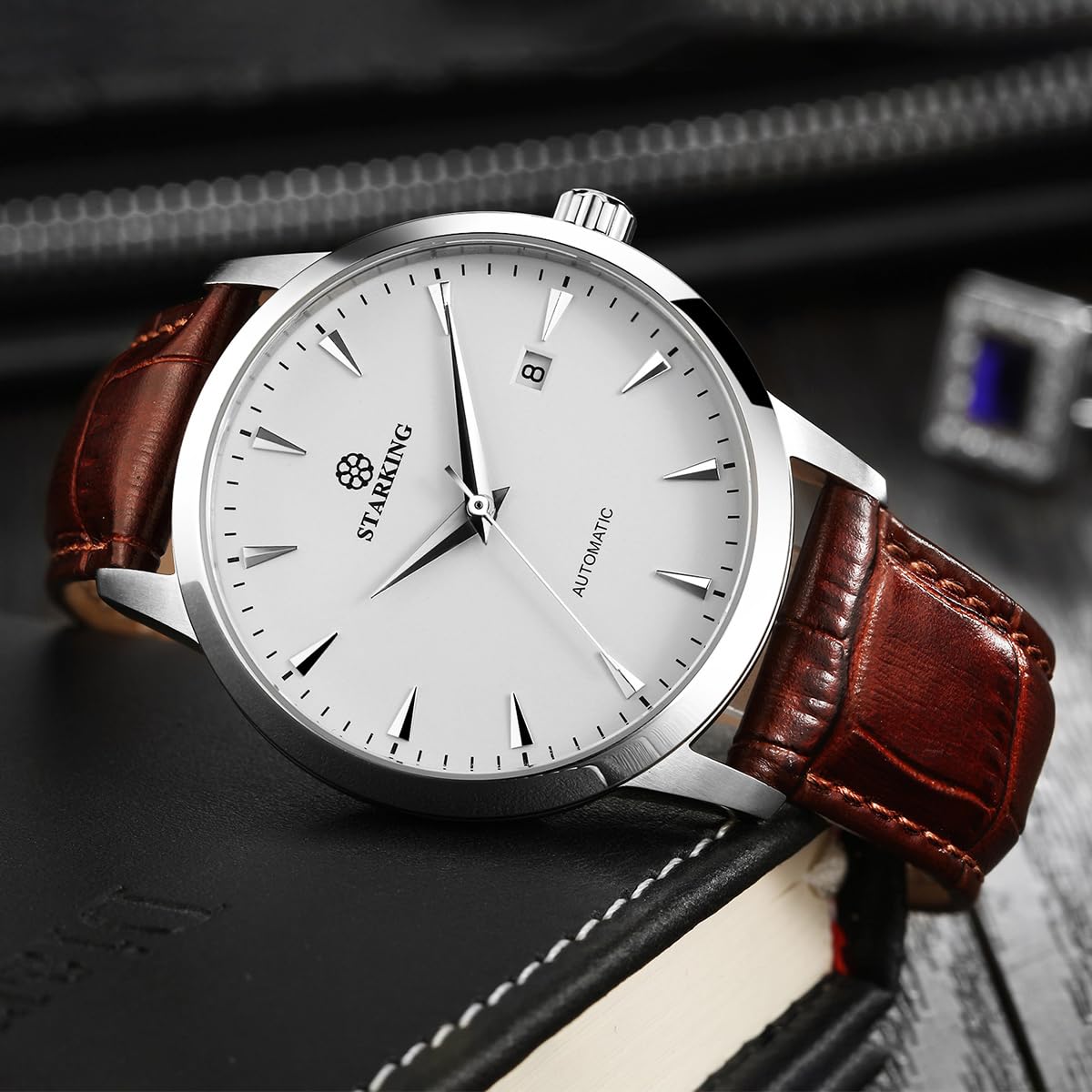 AM0184 Dress Automatic Watches for Men, Skeleton Case Back, Fashion Business Men's Wrist Watches with Date, 5ATM Waterproof, Stainless Steel, Luxury Leather Watch, Big Face of Analog Watch, Brown - 4