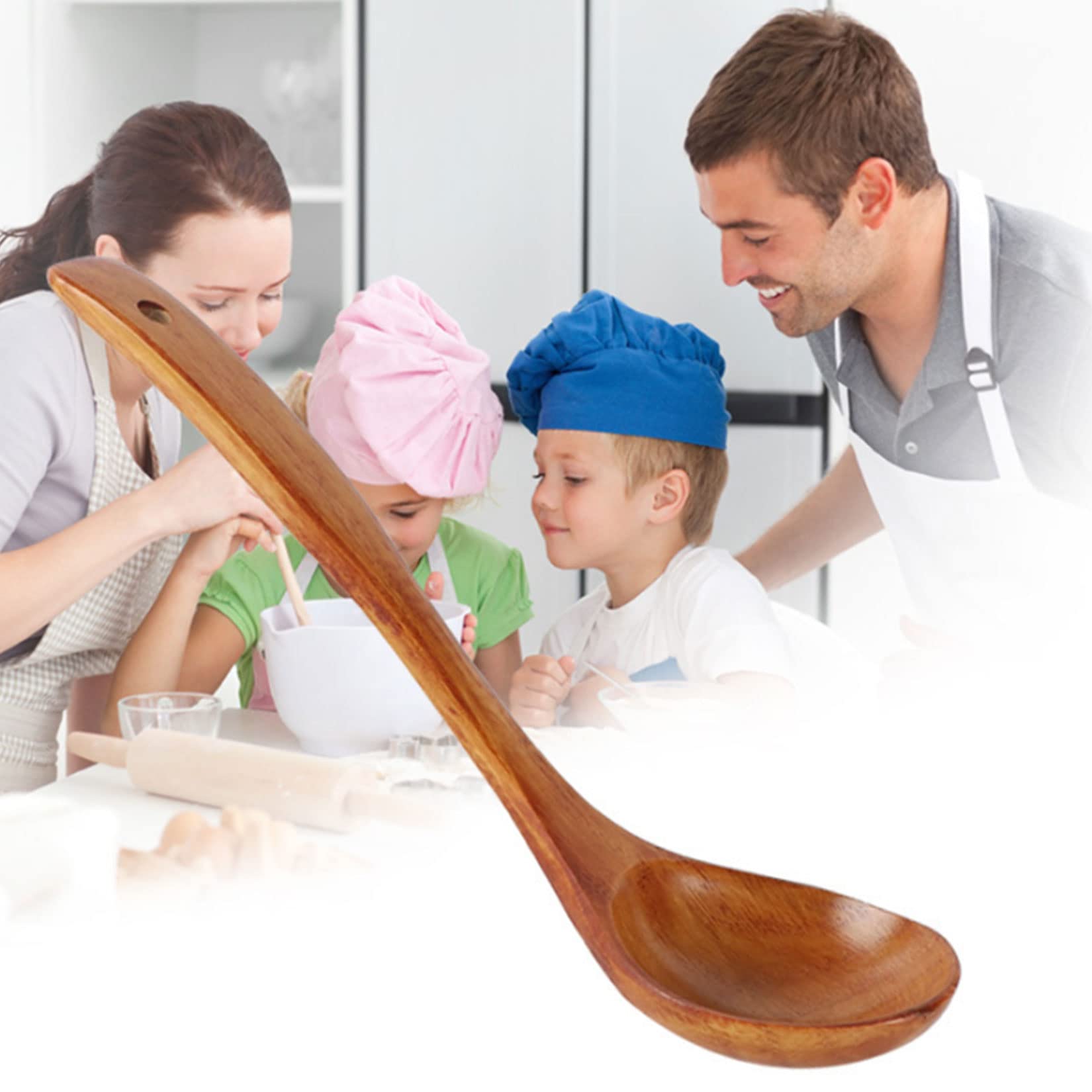 Cucharada de sopa de madera de mango largo de Kemu, cocina doméstica Cuchara de madera sin palanca de madera, cuchara de cocción de 9 ", cuchara de madera hecha a mano natural,4pcs