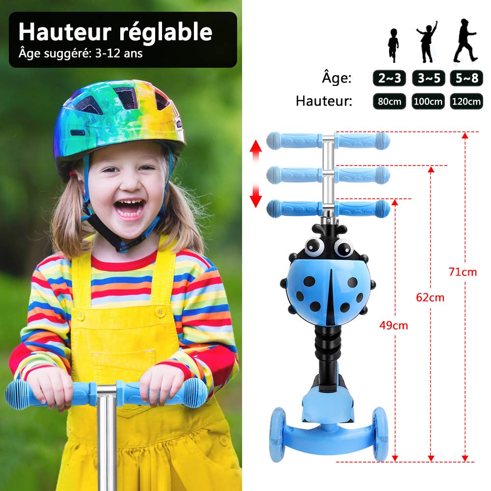 YOLEO Trottinette avec Siège 5 en 1, 3 Roues Plateau Antidérapant LED, Patinette réglable en Hauteur Classiques, Idéal Cadeau pour Enfants 2 a 6 Ans