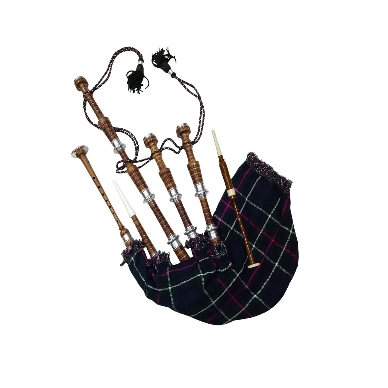 TC Scottish Great Highland Dudelsack, silberfarbene Halterungen, natürliches Finish, Palisander, verschiedene Schottenkaros, mit Übungspfeifen/Drohne (Mackenzie)