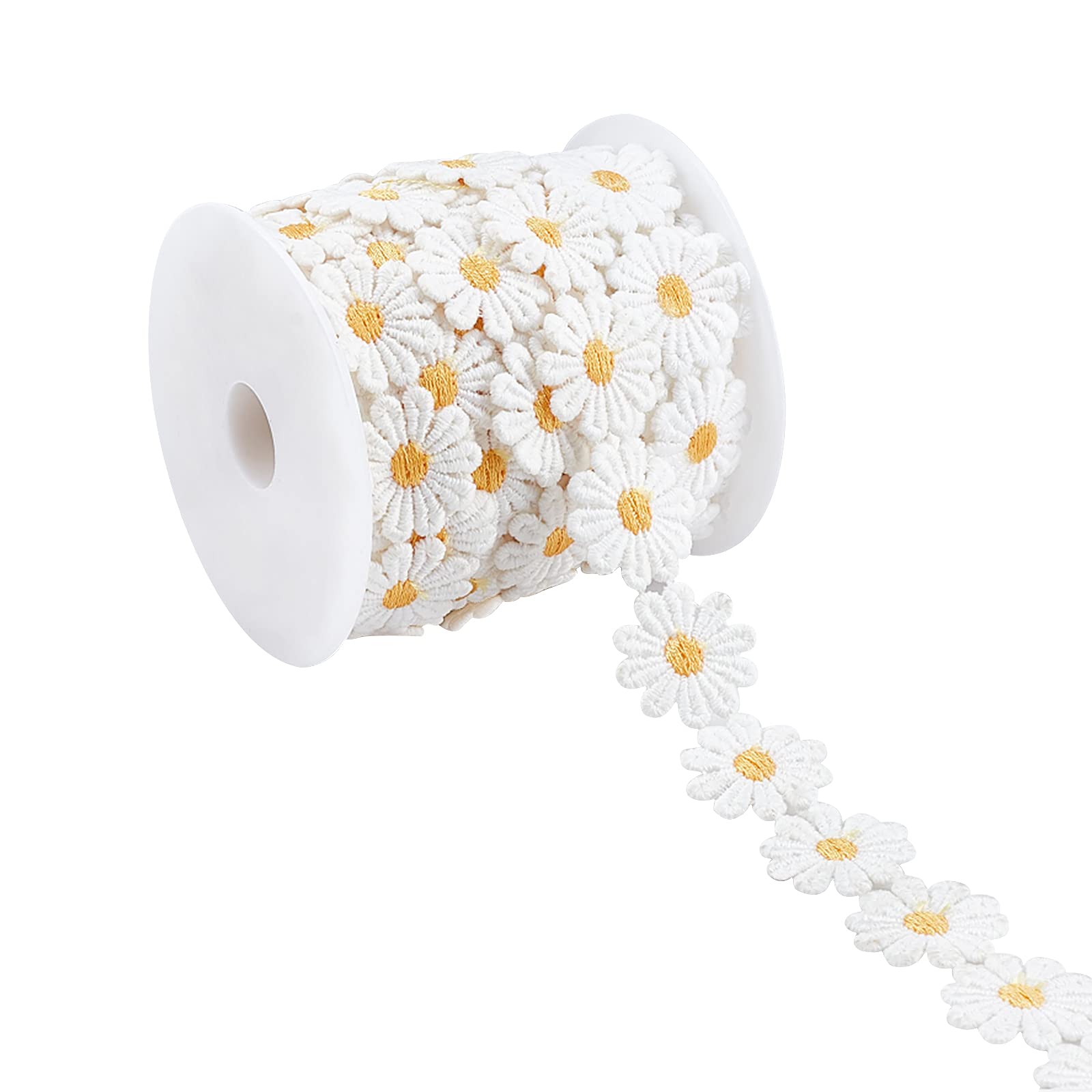 NBEADS 1 Roll 7 Yards Lace Daisy Flower Edging Trim Ribbon, 1 inch Wide Polyester Flower Ribbon Appliques with Plastic Spool Sewing Embroidery Crafts for Wedding Dress Hair Band Clothes Decoration
