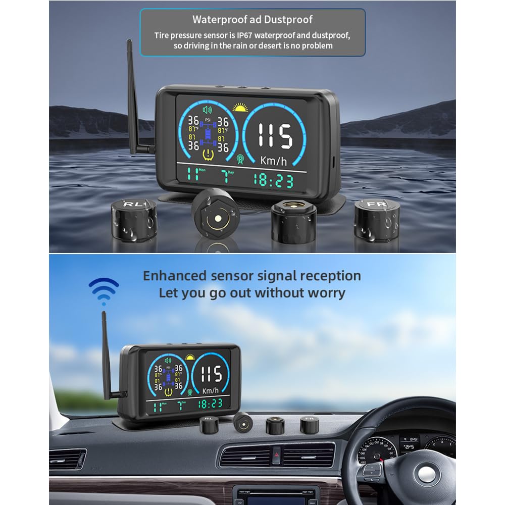 Sistema di monitoraggio della pressione dei pneumatici Carica solare e carica USB 5 '' Solar RV TPMS con 4 sensori e 4 modalità di allarme con display LCD a colori 0-13Bar/0-188PSI per camion pesanti