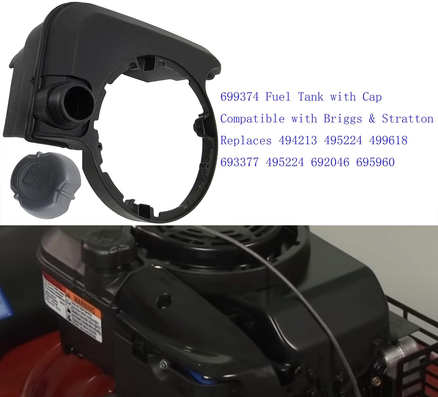 699374 Depósito de combustible con tapa compatible con Briggs & Stratton sustituye a 494213 495224 499618 693377 495224 692046 695960