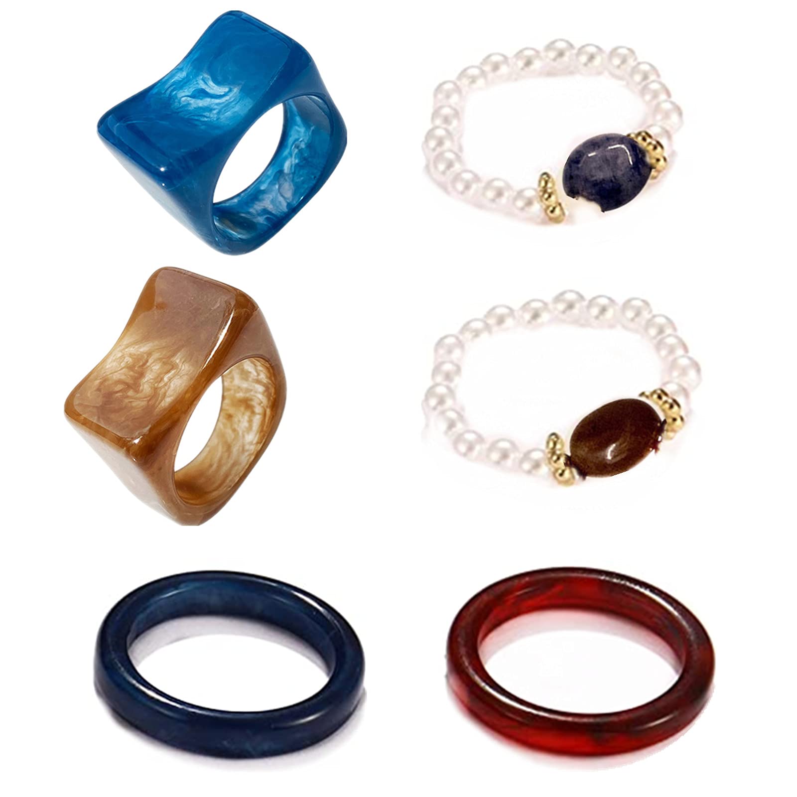 6 Pcs Stacking Resin Rings for Women Girls Bohemian Acrylic Pearls Rings Set Vintage Stacked Band Rings Set