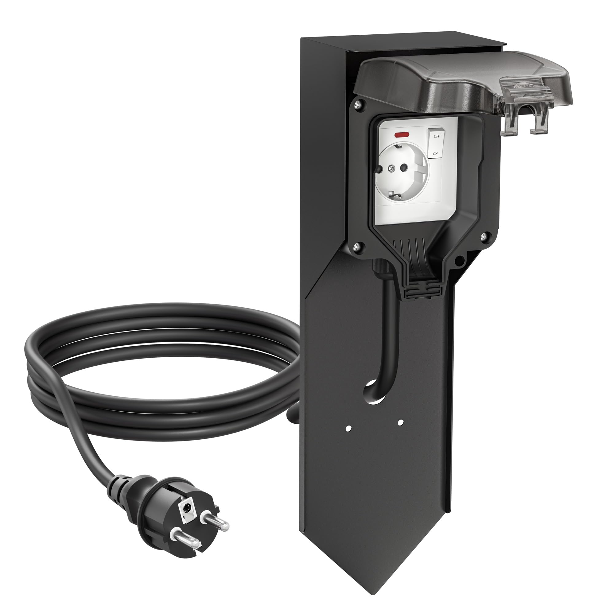 ledscom.de Steckdosensäule POXO mit Erdspieß und 2m Kabel für außen, IP65, 1-fach, schwarz, eckig, 40cm