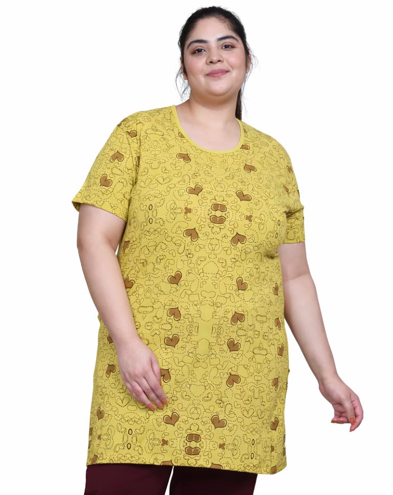 Image of RYSH Women's All-Over Printed Cotton Plus Size Longline T-Shirt with Pockets