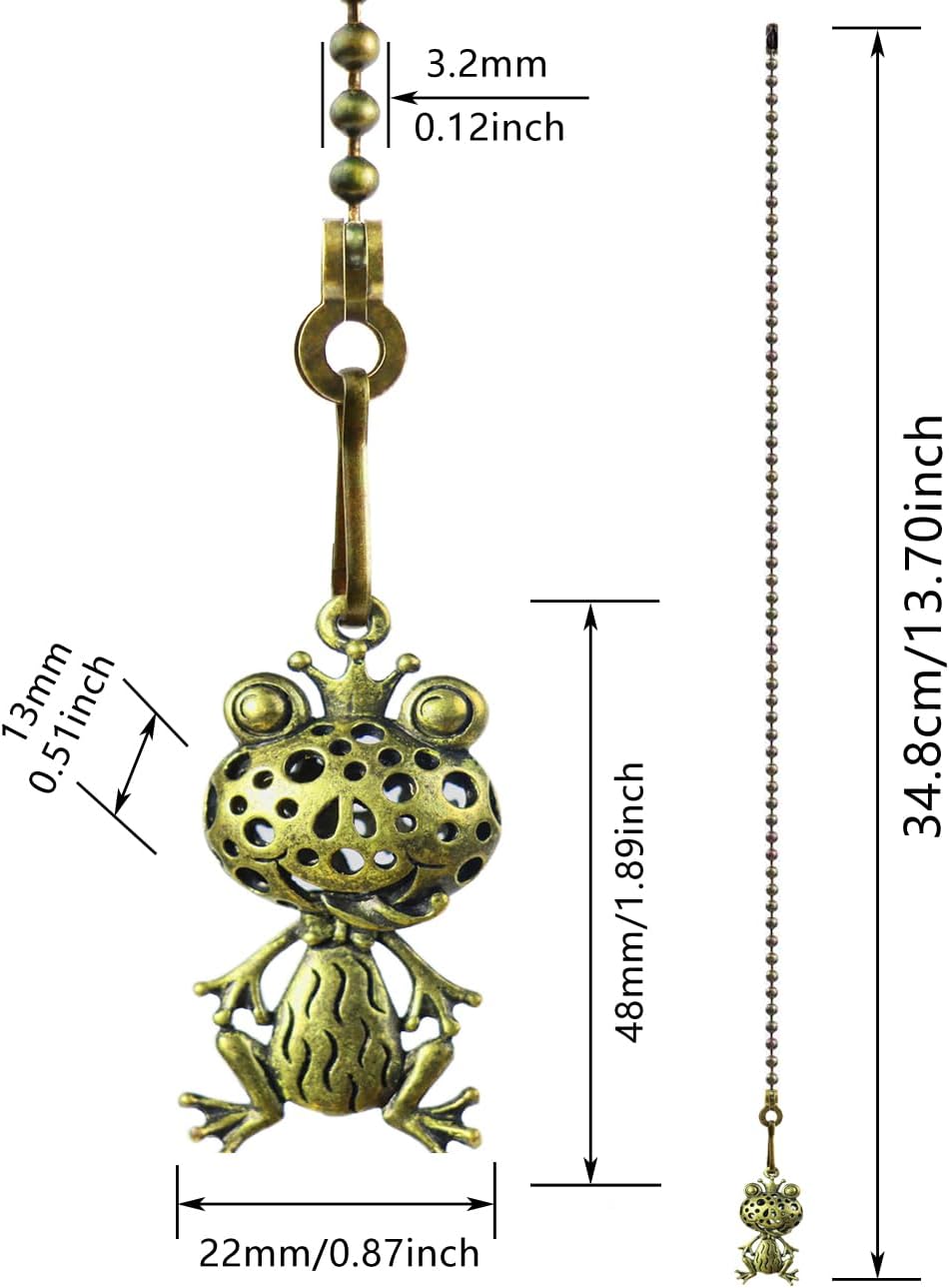 2Pcs Ceiling Fan Pull Chain Set, 12Inch Metal Fan Pull Chain Extender with Ball Chain Connector, Pull Chains for Ceiling Fans and Lights, Decorative Fan Pull Chain Pendant Extension (Frog)