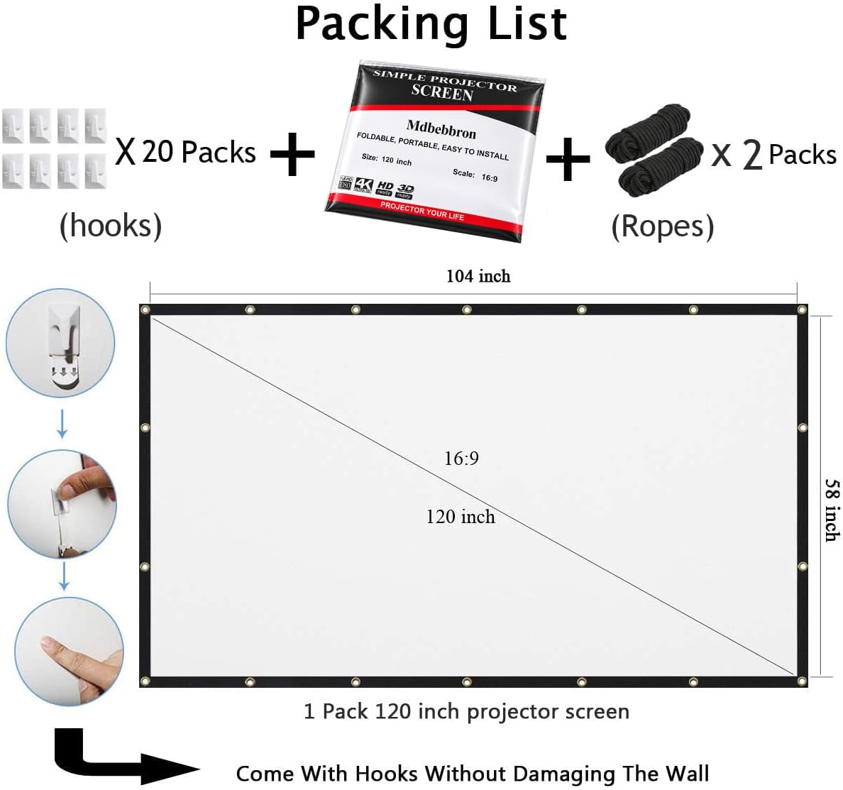 Mdbebbron 120인치 프로젝터 스크린: 설치 환경과 장력 고려사항 5 Mdbebbron 120 inch Projector Screen 16:9 Foldable Anti-Crease Portable Projector Movies Screens for Home Theater Outdoor Indoor Support Double Sided Projection