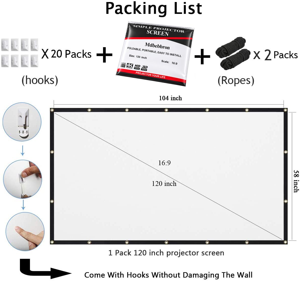 Mdbebbron 120 inch Projector Screen 16:9 Foldable Anti-Crease Portable Projector Movies Screens for Home Theater Outdoor Indoor Support Double Sided Projection — Amazon image 4