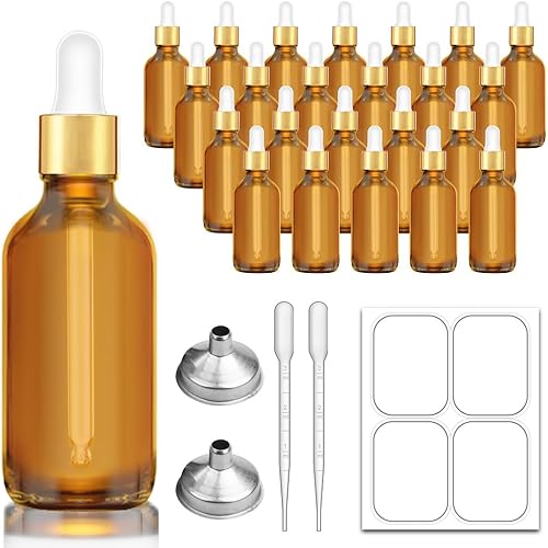 Botella cuentagotas de 2 onzas, botellas de cristal ámbar con tapa superior dorada para aceites esenciales, paquete de 24 botellas de tintura con