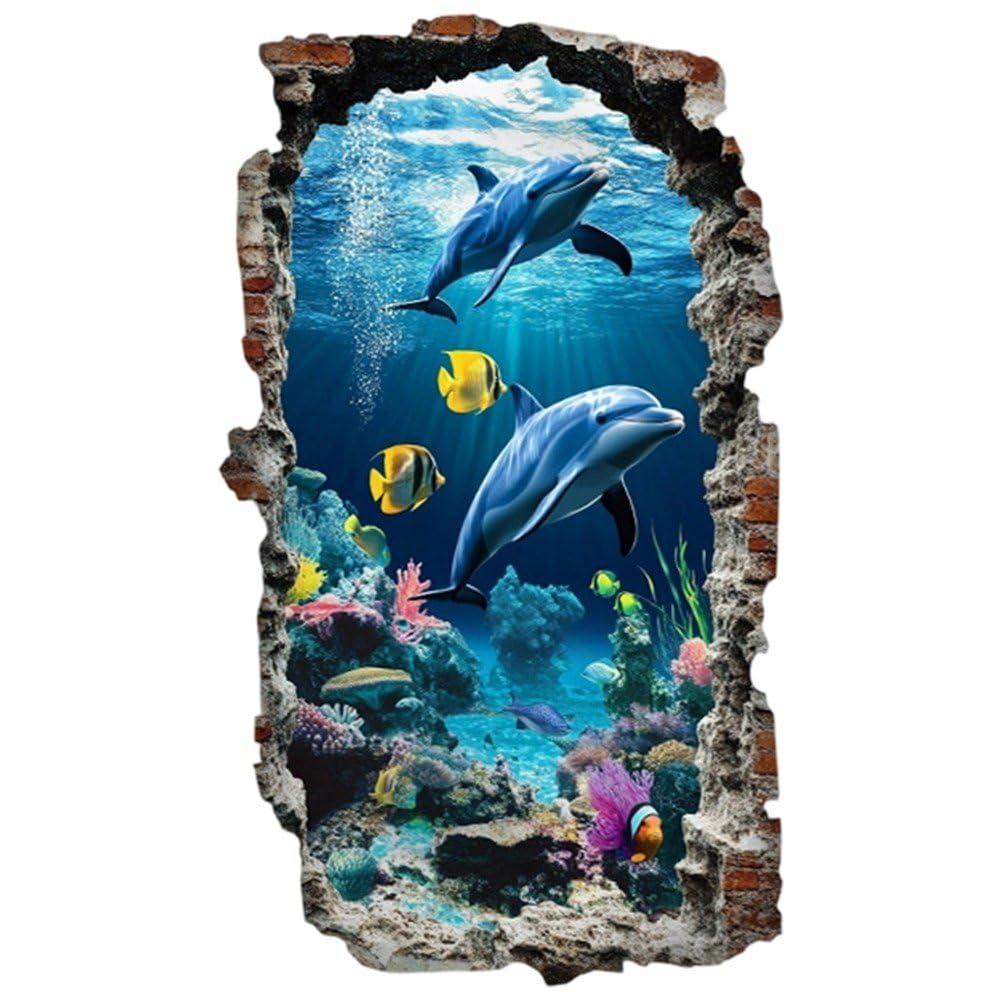3D Dolphin Cartoon Wall Stickers Removable Self Adhesive Wall Decal Under the Sea Wall Decals for Room Bathroom Decor