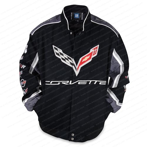 West Coast Corvette / Camaro C7 Corvette All Logo Collage Chaqueta de sarga – Negro: C1, C2, C3, C4, C5, C6, C7