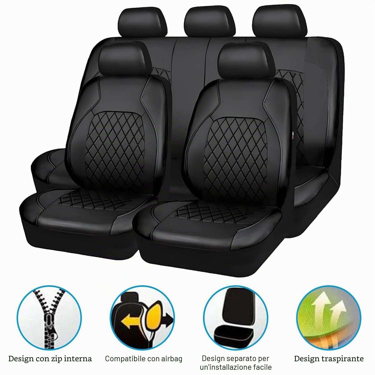 Coprisedili Auto per Peugeot 308 SW P5 T9 2014-2023, Auto A 5 Posti Coprisedile Auto Copri Sedili per Auto Universale, Set da 9 Pezzi Coprisedili Auto Pelle,A/Black