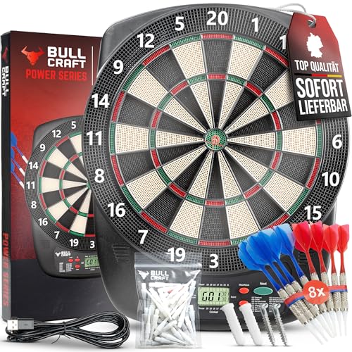 BULL CRAFT Dartscheibe Elektronisch – [ DER TURNIERSTANDARD ] – Profi E Dartscheibe Deutsch - Komplettset inkl. Dartpfeile, Elektronische Dartscheibe - Kabellos Nutzbar - Softdartscheibe