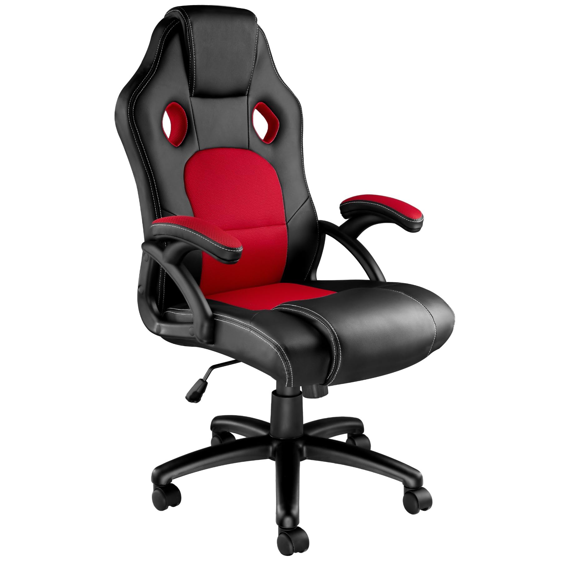 TecTake® Silla Gamer Ergonómica, Ajuste de Altura, Silla de Escritorio de Oficina, Silla de Estudio con Acolchado Cómodo, Silla con Reposabrazos y Ruedas, Sillas Gaming para Ordenador - Negro/Rojo