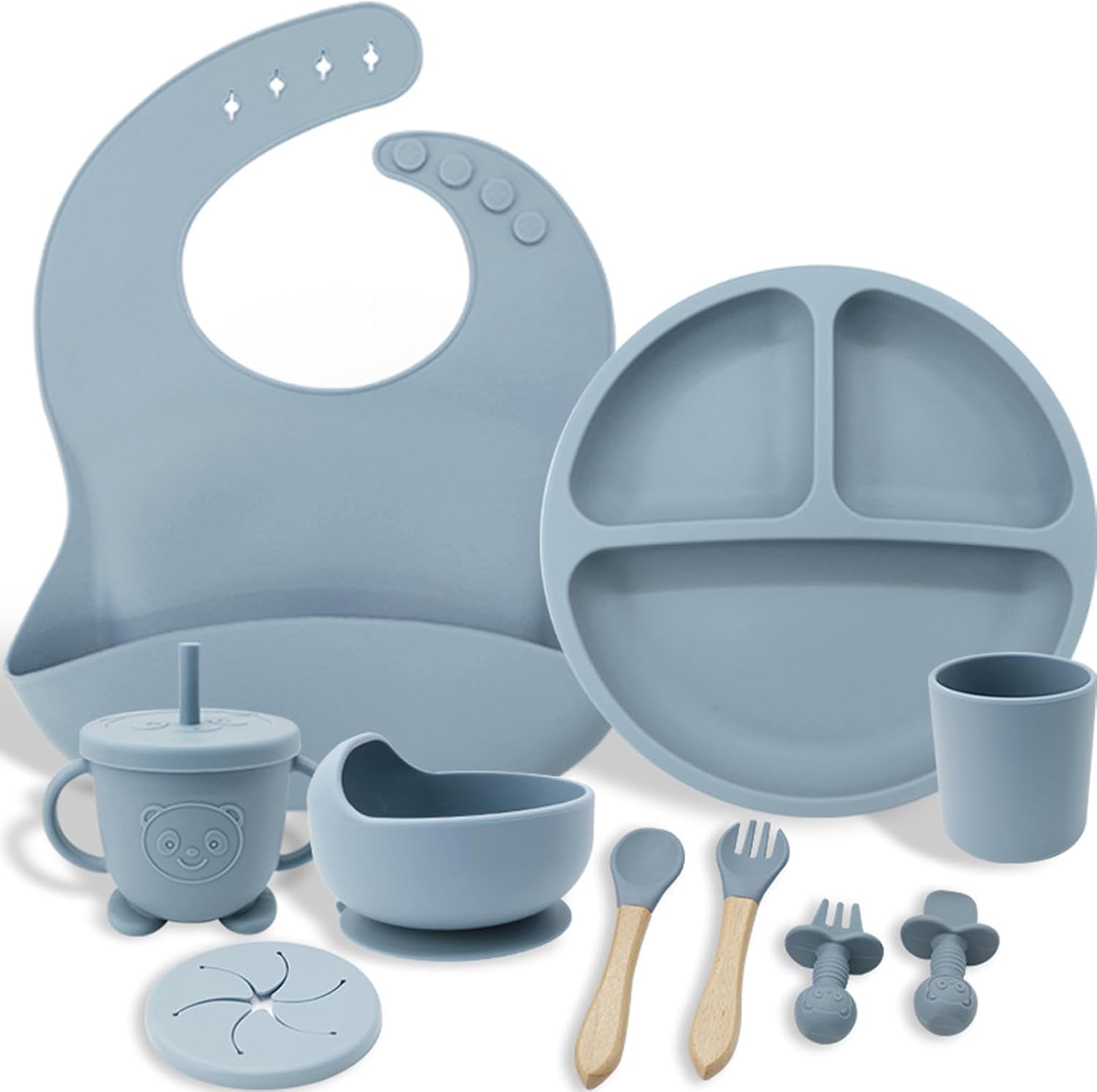 Assiette Bebe 8 pièces, Repas BéBé (Cuillère, Fourchette, Bol, Bavoir, Gobelet) | Bavoir Silicone Bebe Anti-chute, Sans BPA, Lavable au Lave Vaisselle, Bleu