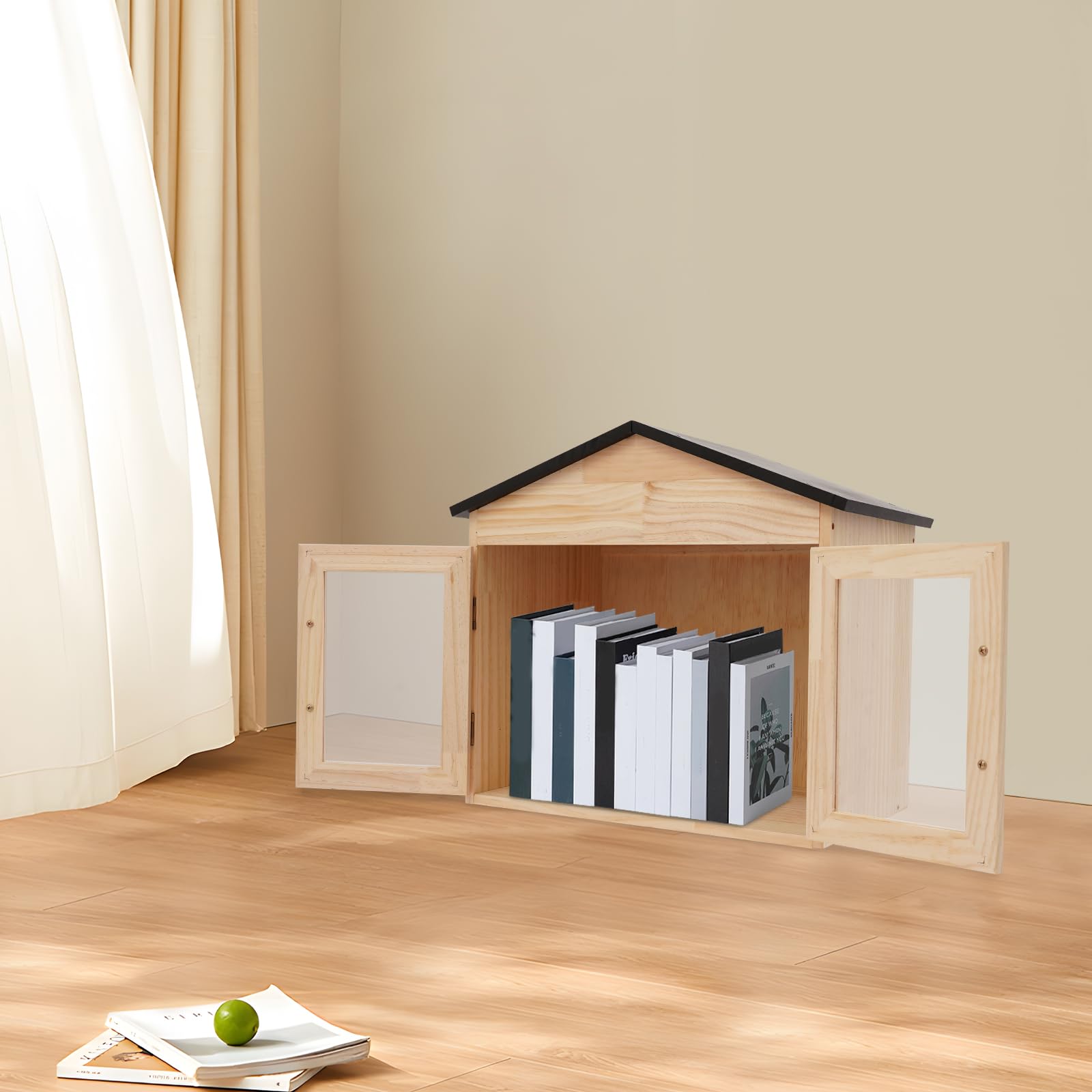 Librero de madera (43 x 28 x 41,9 cm) | Multifuncional doble puerta caja de intercambio de literatura, poste independiente, caja de libros montada