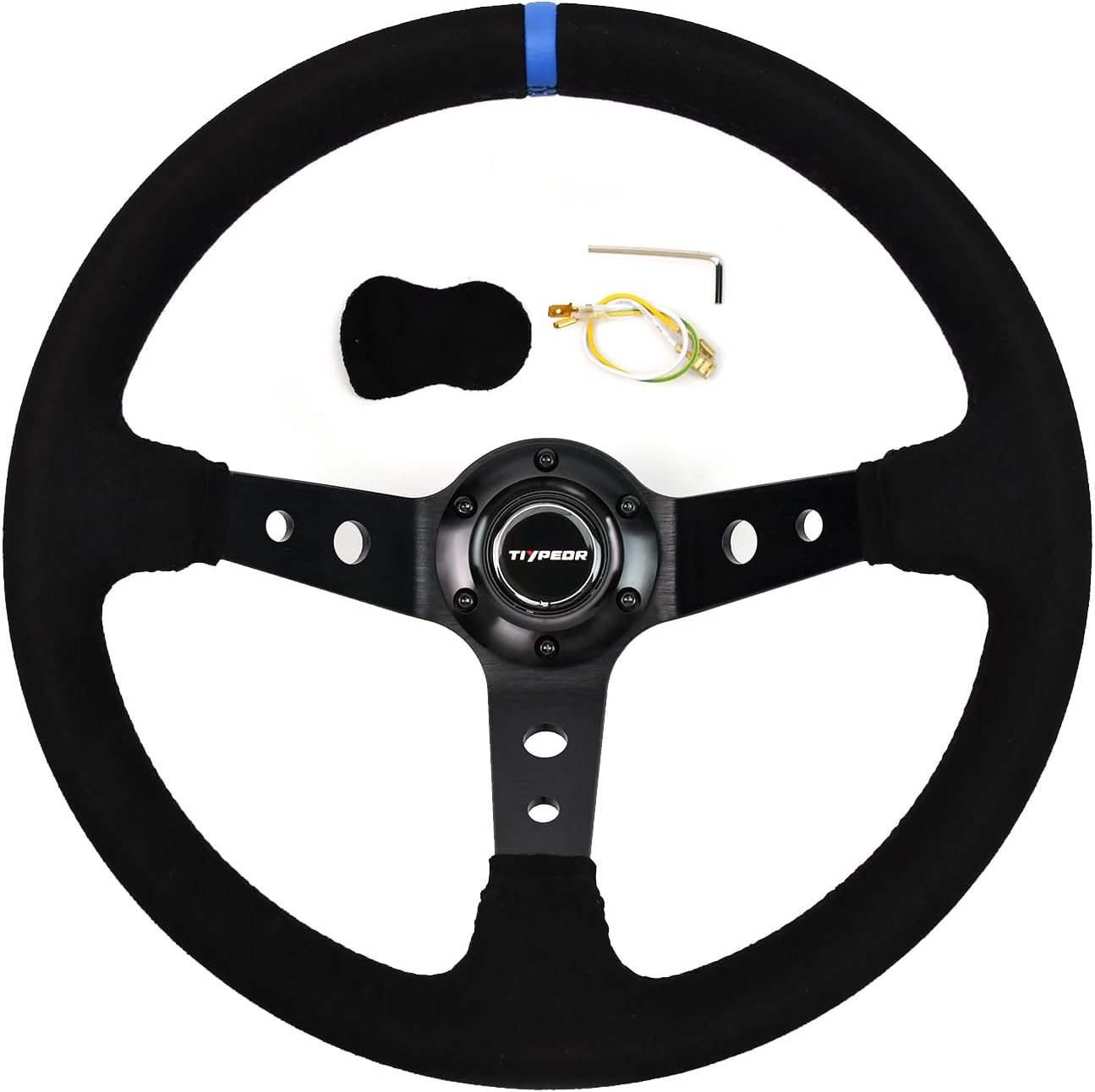 Reinforced Steering Wheel 13.78 Inch/350MM Sport Steering Wheel (3.5" Deep) - Black Suede, Blue Center Mark with Blue Stitching