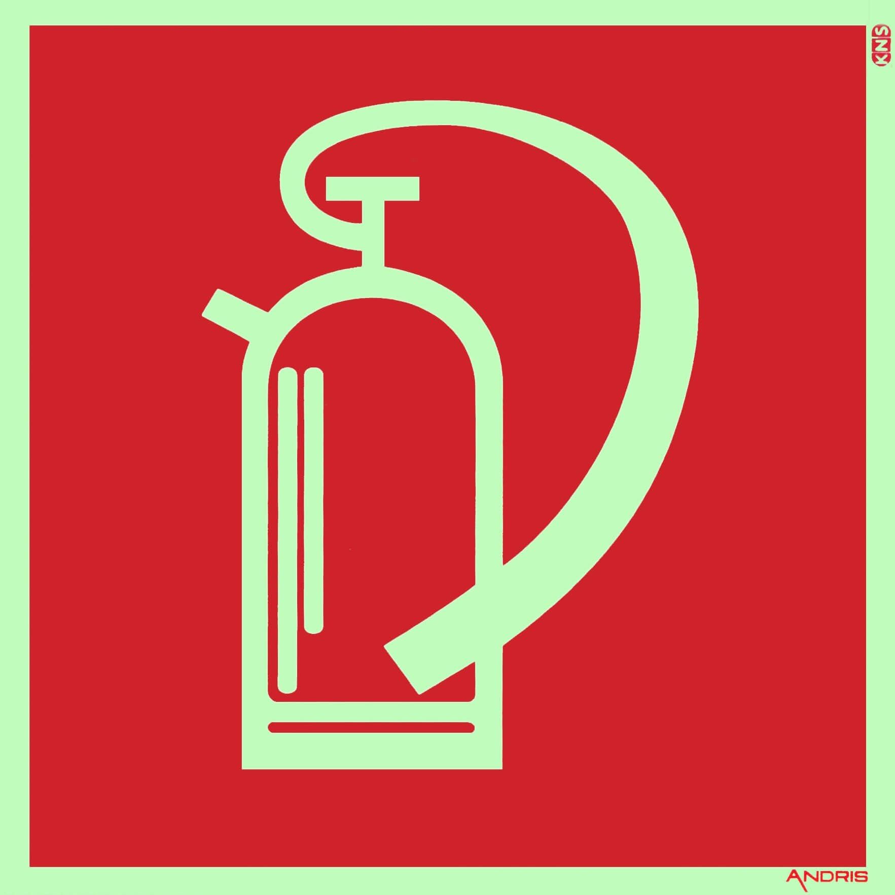 Original fire extinguisher symbol sign.Andris® Din, BGV A8 plastic sheet, luminescent and self-adhesive 150 mm x 150 mm