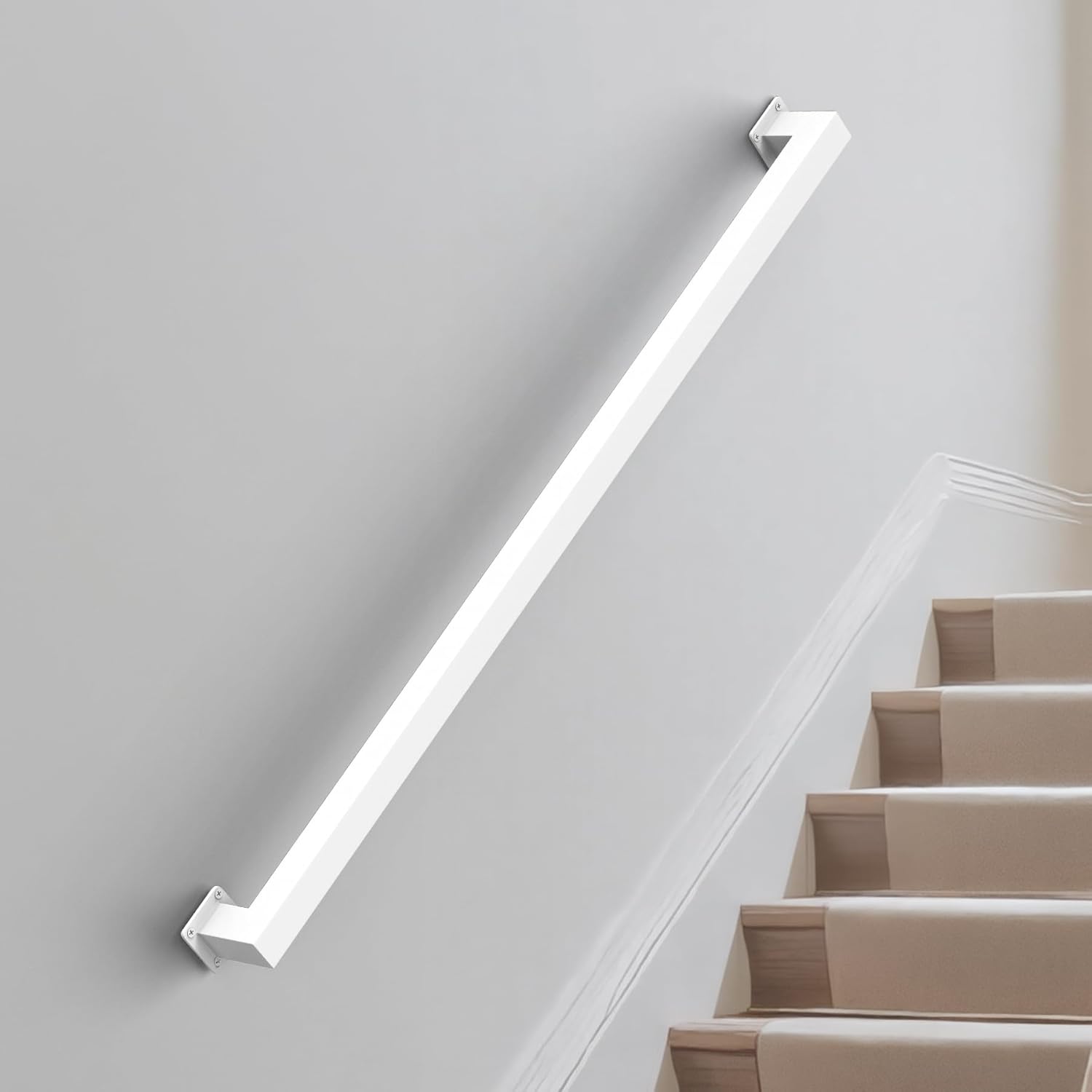 3FT Square Tube Handrail for Indoor Stairs,White Metal Stair Railing,Wall Mount Stair Railing,Morden Industrial Handrail,500lbs Load,Loft Porch Deck Safety Rail,Non-Slip for Kid,Seniors,Pregnant