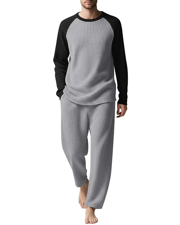August Alley Men's Waffle Knit Pajama Set Long Sleeve Sleepwear Crewneck Shirts and Bottoms Loungewear with Pockets(Gray/black,X-Large) by August Alley - Used condition - US$14.33