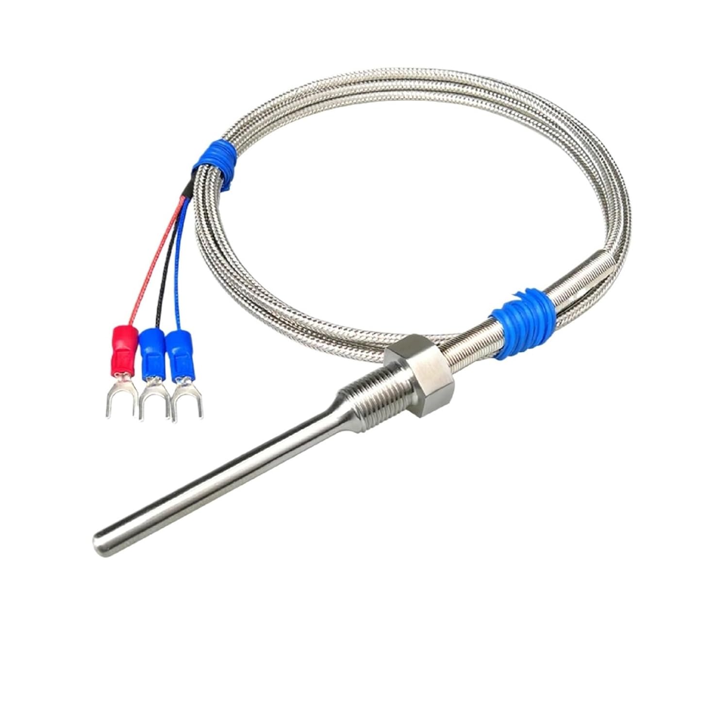 Stainless Steel Threaded Pt100 Temperature Sensor Probe, Waterproof high Temperature RTD (-50°C - 420°C), Industrial Armored Cable, 3 Wires(PT1-8-5-50mm-F)