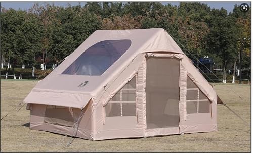 Large Family Camping Tent, Beige, 4-Season Outdoor Shelter with Multiple Windows and Extended Canopy