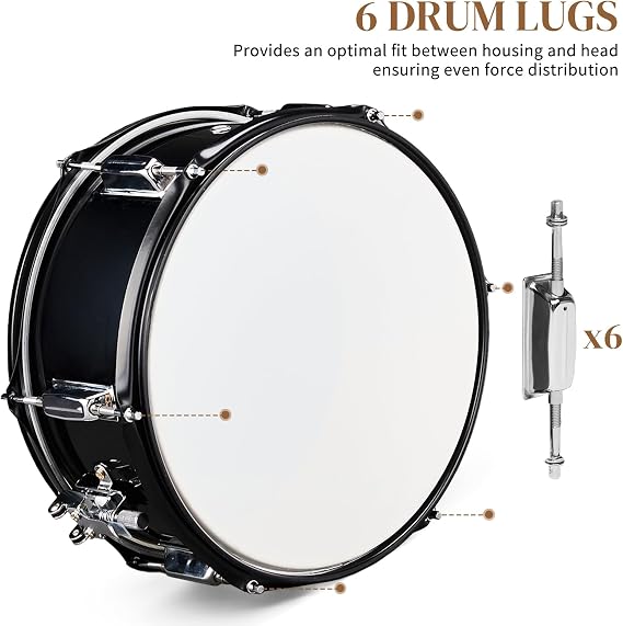 12 x 5.5 Inch Marching Snare Drum Kit with Drumsticks and Adjustable Shoulder Strap & Drum Key, Metal Snare Drum for Students, Beginners & School Band (Black)