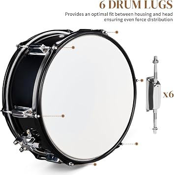 12 x 5.5 Inch Marching Snare Drum Kit with Drumsticks and Adjustable Shoulder Strap & Drum Key, Metal Snare Drum for Students, Beginners & School Band (Black)