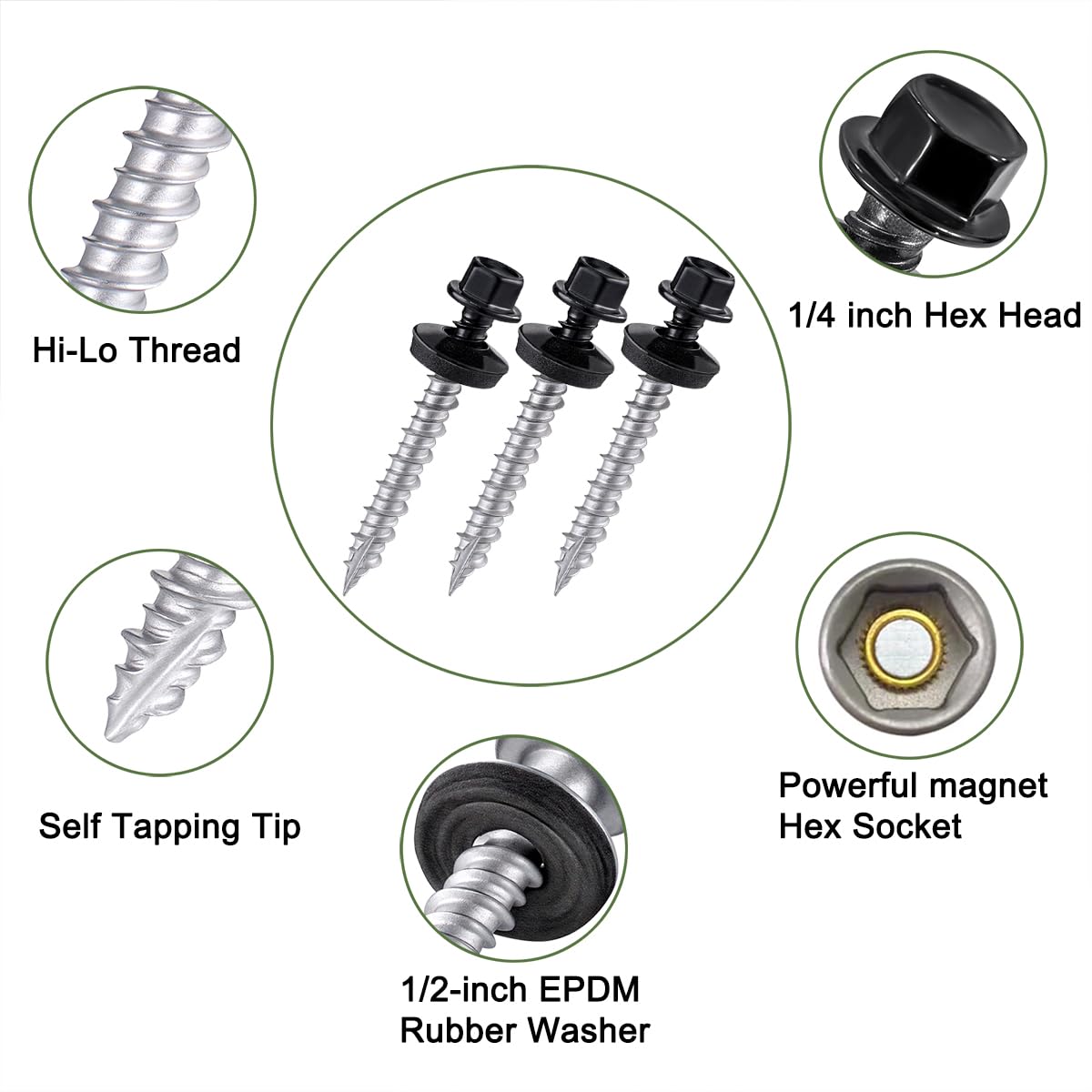 150 Pcs #10x1-1/2 Black Metal Roofing Screws,EPDM Washer Self-Tapping Screw | Anti-Corrosion & Rustproof Hex Screws with Waterproof Rubber Washers, self drilling for corrugated metal roofing & Fencing