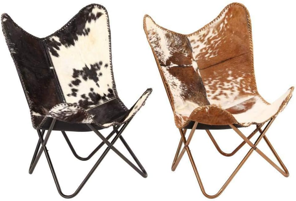 Shy Shy Let’s Touch The Sky Home Decor Genuine Goat Leather Butterfly Arm Chair with Black/Brown White Hair on Cowhide Accent Chair (White and Brown with Rose Gold)