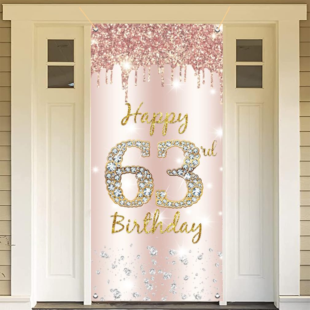 63. urodziny dekoracja damska, Happy 63rd Birthday Door Banner różowe złoto, 63. urodziny tkanina tabliczka plakat dekoracja drzwi, 63. urodziny tło baner damski, przyjęcie urodzinowe tabliczka
