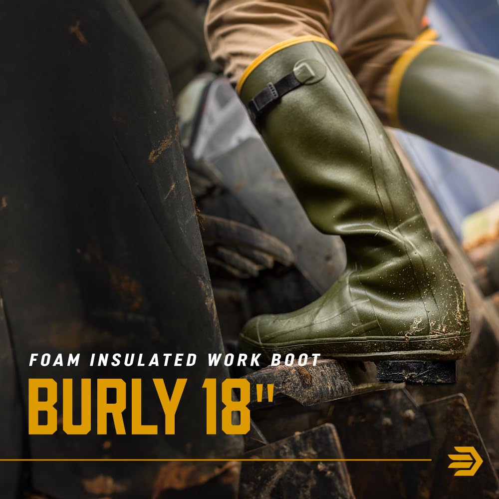 LaCrosse Burly 18” Waterproof Work Boots for Men - 100% Waterproof Rubber, with Insulating Wool Felt Midsole and High-Traction Air-Grip Outsole, OD Green - 11