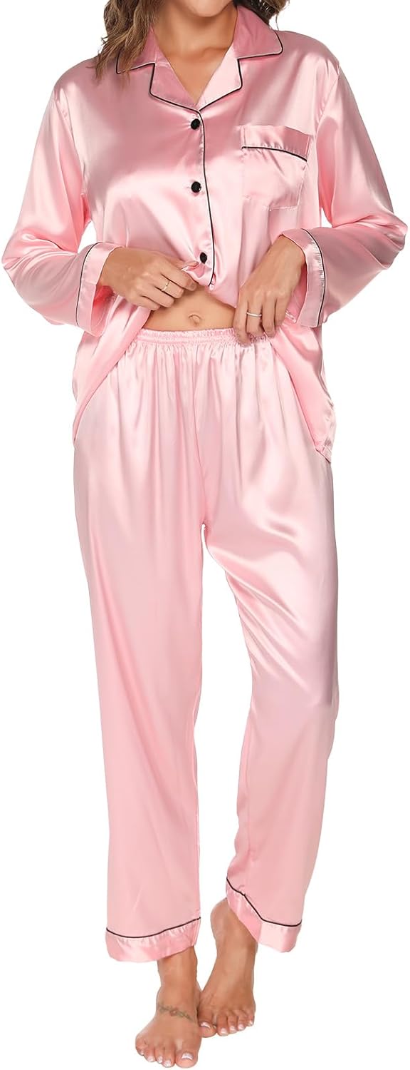 Silk Pajamas for Women Set Long Sleeve Satin Pj Set Two Piece Soft Sleepwear Classic Button Down Loungewear with Pockets
