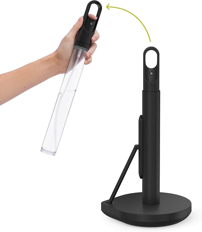 simplehuman Soporte para toallas de papel con spray, dispensador de toallas de papel y limpiador todo en uno para encimera, bomba recargable de 6 oz, desgarro con una sola mano, base pesada, negro