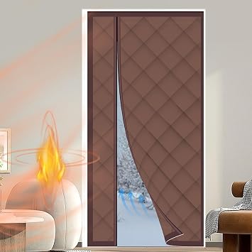 Magnetic Thermal Insulated Door Curtain, Waterproof Fabric Filled with Thick Cotton Windproof Insulation Door Blanket, Reduce Noise, Side OpeningBrown,90x230cm/35x91in